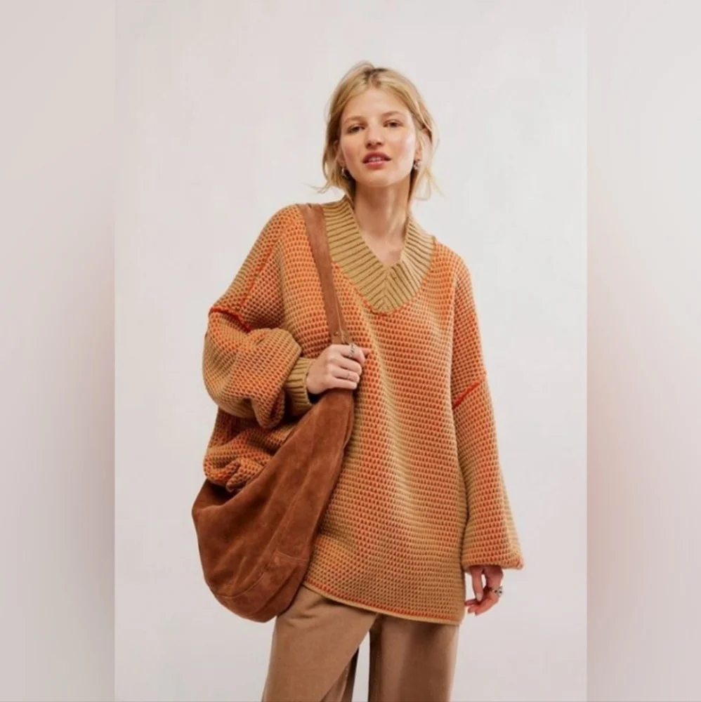Free People Maisie Oversized Sweatshirt Camel Tangerine Combo Women's Size Small